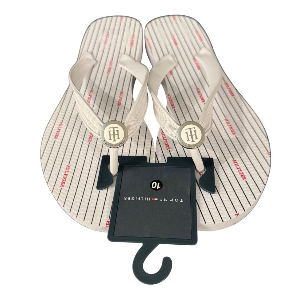 Tommy Hilfiger Logo Flip Flops White Sandal, Size 10M NWOB